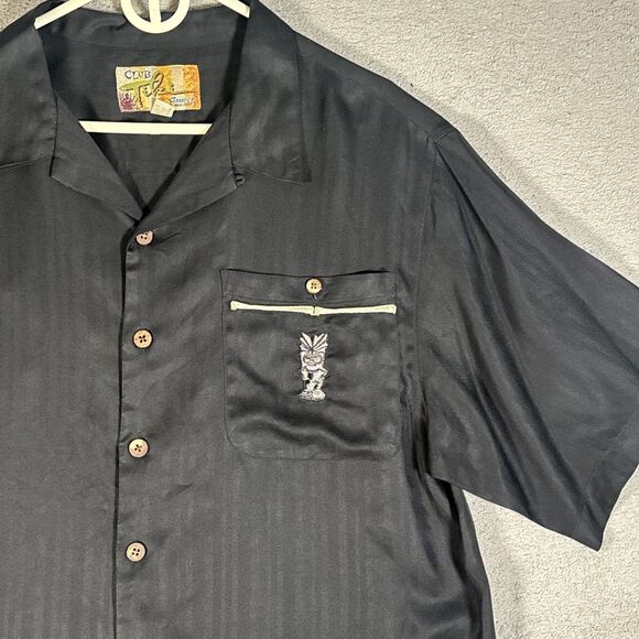 Club Tiki Button Down Shirt Men’s Size L Black Silk Hawaiian Pinup Embroidery - Picture 5 of 12
